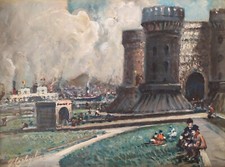 Veduta Castello/Paesaggio cittadino di Napoli con figure/Antico dipinto olio originale firmato