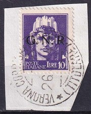 X218 R.S.I. – 10 lire sovr. G.N.R. n. 486, su frammento, annullo completo.