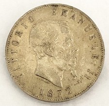 HN Regno d'Italia Vittorio Emanuele II 1872 Milano Lire 5 Ag BB Gig#44  r479