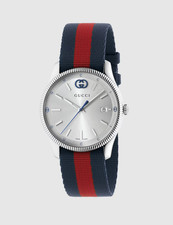 Orologio Gucci G-Timeless Quadrante Argento Cinturino Nylon Blu e Rosso 38mm YA1264237
