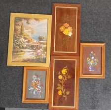 5 Quadretti Vintage Su Legno Con Vornici Paesaggio E Fiori