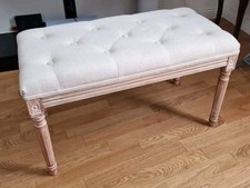 Panca Fondoletto Capitonné Lino Beige, Shabby Chic, Gambe Legno Decapato, 80cm