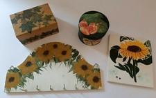 Lotto 4 articoli dipinti a mano pittura decoupage country fiori scatole ganci