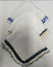 Hand Crochet Edged In  Green Yellow Blue White Guest Towels  11 × 11 In. Granny