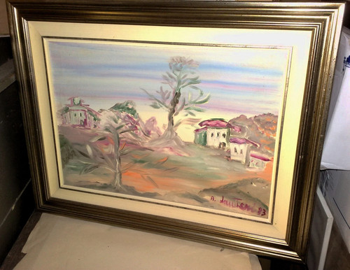Paesaggio olio tela - su,