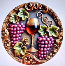RETRO UVA E VINO ROTONDO DECORO LEGNO 20cm Nuovo Funky (piatto) da appendere