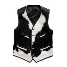 Men's Western Cowboy Vest Cowhide Leather Waistcoat with Black & White Pony Hair