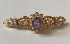 SPILLA ANTICA EPOCA 1850' IN ORO CON AMETISTA E PERLINE