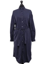 Caliban Abito Camicetta Lungo 36 Blu Scuro Cintura Maniche Lunghe Popeline Nuovo