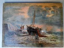 Marina olio su tavola legno fine XIX primi XX secolo pescatori barche