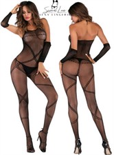 Tuta Calza Bodystocking Cavallo Aperto Catsuit a Rete Seno Scoperto Sex Velato