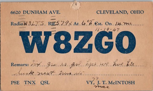 1947 qsl card w8zgo - 1947, cleveland