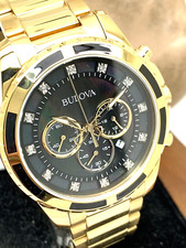 Orologio Uomo Bulova 97D121 Quarzo Cronografo Diamante Quadrante Nero Acciaio Oro 44mm