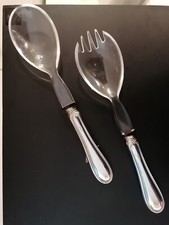 Argento e perspex, coppia posate per insalata stile inglese, manico in argento