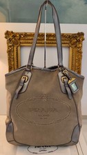 PRADA SHOPPER BAG grande- Logo Jacquard Tessuto Beige e Pelle Grigio Argento