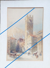 Acquerello Brescia piazza duomo epoca metà 800