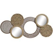MURALE  specchio etnico boho chic cerchi legno e rattan cm 35 x 6 H 30