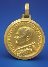 Medaglia religiosa vintage cattolica anni 70 Papa Paolo VI, San Cristoforo tono oro