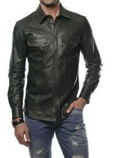 Camicia da uomo in vera pelle di pecora stile moto moda maniche lunghe nera