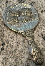 Vintage Antique Cherub Hand Mirror Dressing Table Angels Silver Plated 