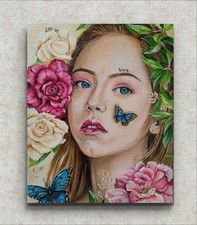 Dipinto Acrilico Con viso di ragazza e Fiori Colorati - Opera Unica 
