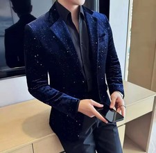 Giacca Uomo Velluto Blu Notte Elegante Effetto Luminoso Slim Fit DF43278