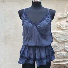 Top Canotta blu Seta Cotta pizzo macramè spalline fini coulisse taglia unica 