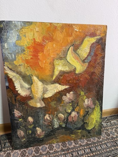 Dipinto olio 1964 colombe e - "colombe,