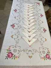 Tovaglia beige vintage ricamo a mano e uncinetto cm. 167x258 con 12 tovaglioli
