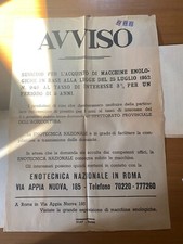 Manifesto*Avviso sussidio per acquisto macchine enologiche-ROMA*1952 50x70cm