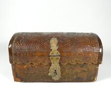 ANTICO BAULETTO SCRIGNO PORTAGIOIE ORIENTALE IN LEGNO E CUOIO PELLE VINTAGE V386