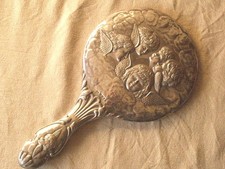 Specchio a mano in argento 28 cm con disegno angelo inciso Art Nouveau antico