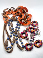 COLLANA  ESTIVA  LOTTO COLLANE LEGNO SEMI VETRO PARURE FOGLIA PALMA