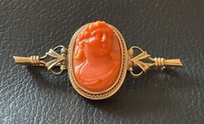 ANTICA E STUPENDA SPILLA IN ORO GIALLO CON CAMMEO IN CORALLO CON SOG. MITOLOGICO