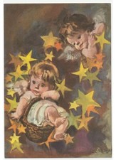 A. Zandrino angeli natalizi cesto stelle decorazioni cartolina augurale vintage