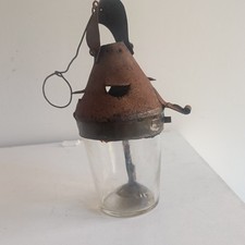 LUME DA STALLA VETRO SOFFIATO DI ALTARE EPOCA 800 LAMPADA OLIO PETROLIO LANTERNA