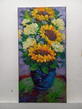 Quadro Dipinto ad Olio Su Tela Vaso di Girasoli Cm20x40 Arredo Casa Complemento