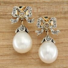 Orecchini ORO Giallo 14 kt. PERLE e DIAMANTI Pendenti Fiocco Stile Epoca Antichi