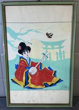 Dipinto Acquerello Giapponese Geisha Firmato L.M.G Anni 50