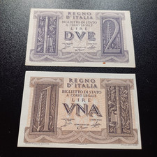 Lotto Banconote Regno D Italia VEIII 1 + 2 Lire Impero 1939 Fds Qfds Lotto A18