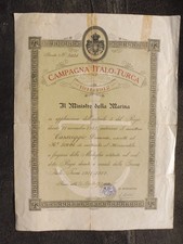 DIPLOMA A UN MARITTIMO PER MEDAGLIA CAMPAGNA ITALO TURCA 1911 1912 REGIA MARINA