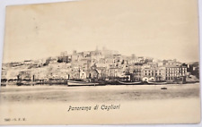 1908 Cartolina Panorama di Cagliari (da mare) barche a Comandante Thaon di Revel