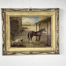 Quadro Antico Dipinto a olio su tela Cavallo Cane Scenario Bucolico Firmato 900