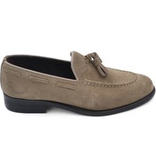 Scarpe mocassino uomo elegante nappine vera pelle scamosciato beige suola in cuo