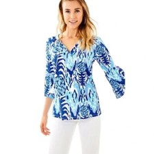 Maglione Lilly Pulitzer Del Lago tunica blu multi sale nell'aria nappe taglia XS