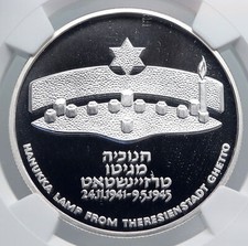 1984 ISRAELE Theresianstadt Ghetto MENORAH Proof Moneta Argento 2 Shekel NGC i89311