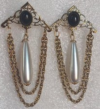 Orecchini VINTAGE 90❗metallo col. ORO perla GOCCIA💧pietre PENDENTI 7cm❗catenina