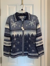 Collezione Heirloon "SNOW-FLAKE CARDIGAN", taglia MED, in blu e bianco con cerniera