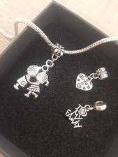 3 Charm Ciondolo Bracciale Bambini Famiglia Cuore Tono Argento Modello Pandora 
