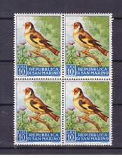 Francobolli San Marino 1960 Fauna Uccelli 10 L. Cardellino MNH QUARTINA SAS515